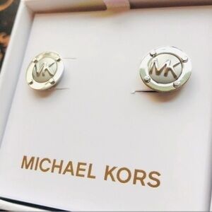Michael Kors Silver-Tone MK Logo Stud Earrings NIB Round Disc NWT